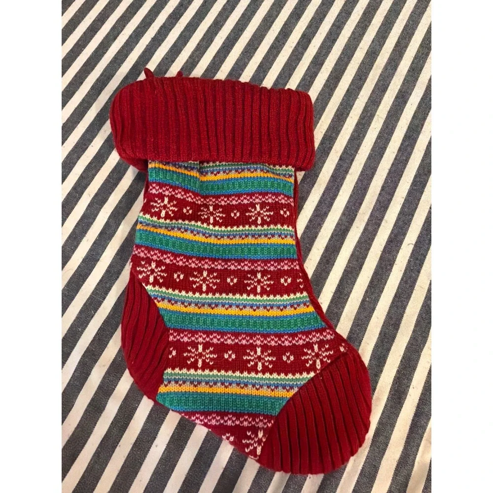 Vintage Style Fair Isle Knit Christmas Stocking Red Multicolor Snowflake Pattern